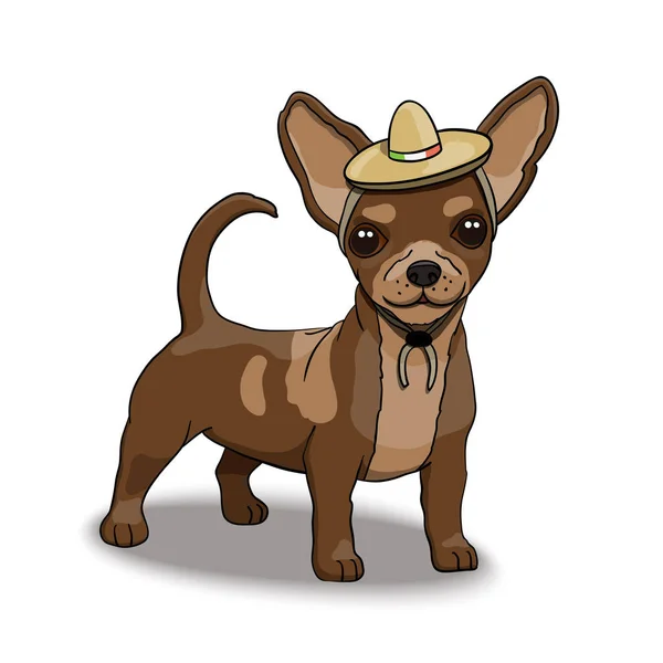 Chihuahua Mosolyogva Karikatúra Karakter Illusztráció Visel Mexikói Sombrero — Stock Vector