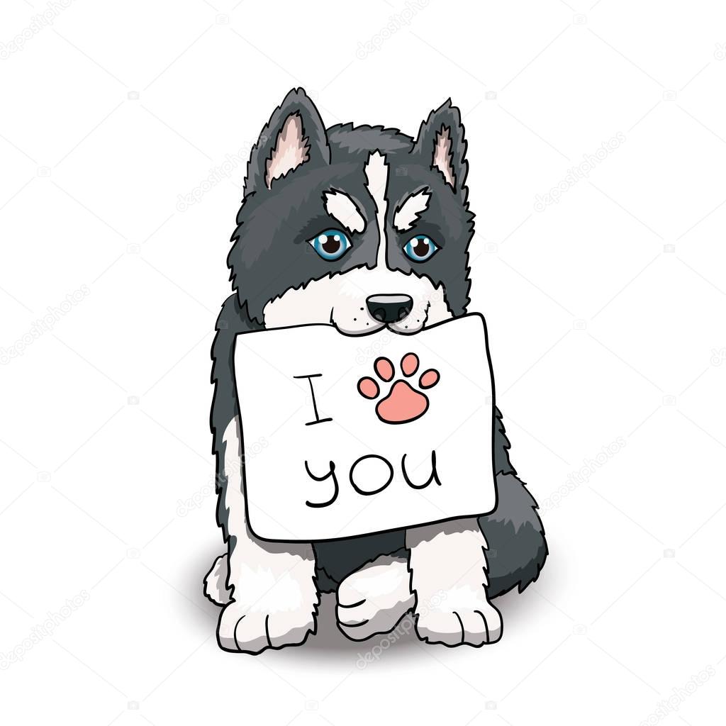Husky Puppy Sitting Holding I Love You Sign. Cartoon Character Illustration