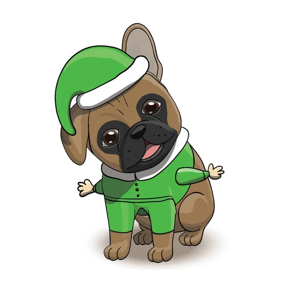 Bulldog Francese Personaggio Cucciolo Del Fumetto Vestito Costume Elfo Babbo — Vettoriale Stock