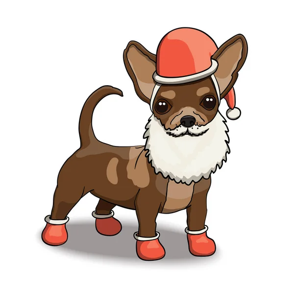 Neujahr Chihuahua Lächelnde Zeichentrickfigur Illustration Trägt Weihnachtsmannkostüm Mit Bart — Stockvektor