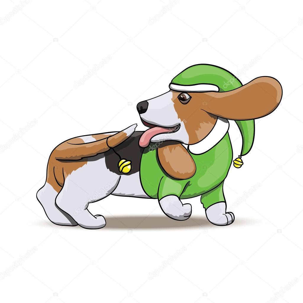 Basset Hound Santa's Elf Chasing His Tail With New Year Bell. Cartoon Dog Vector Character Illustration