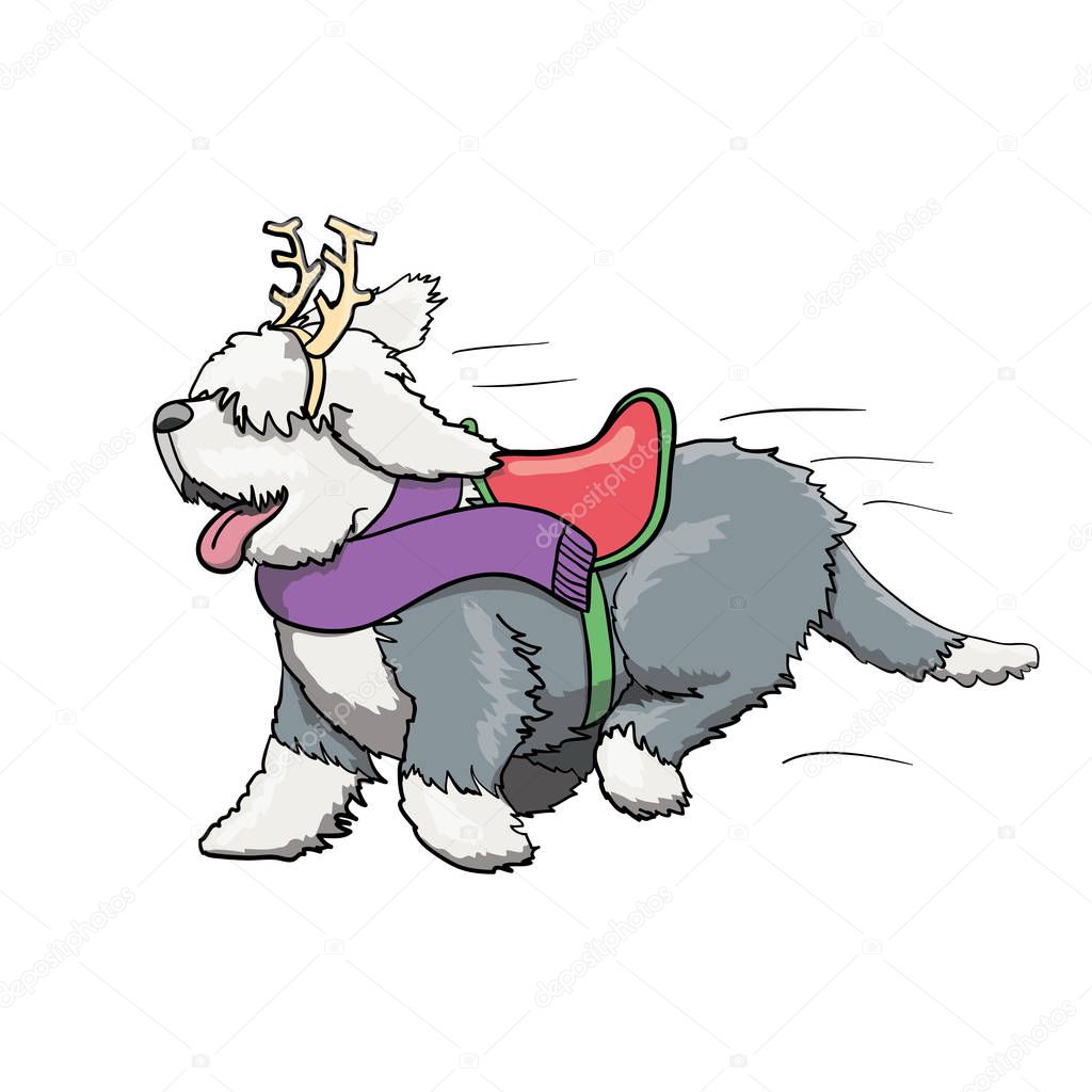 New Year Reindeer Furry English Bobtail Dog Cartoon Character Running. Vector Illustration
