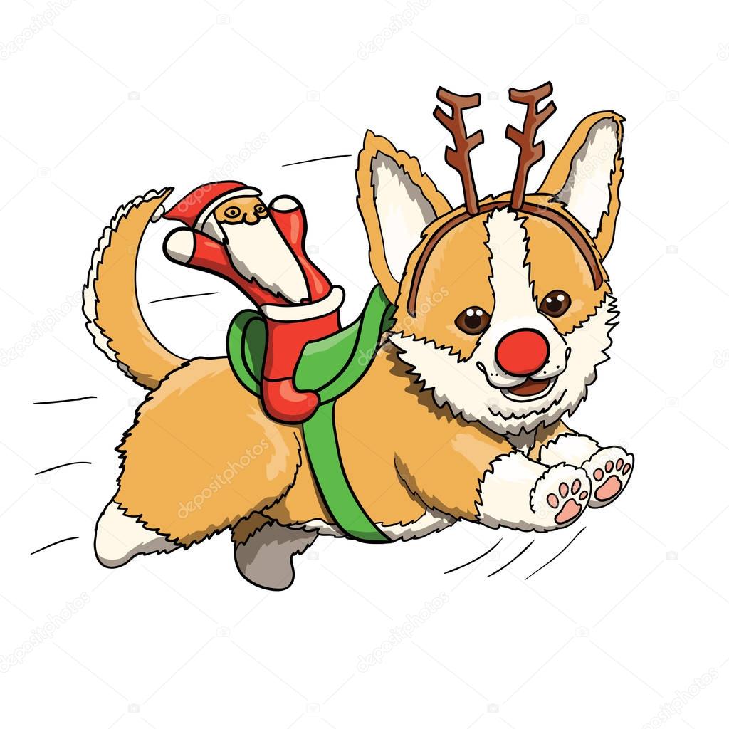 Corgi Puppy Reindeer With Santa Toy, Smiling and Running at Full Speed. Cartoon Character Illustration