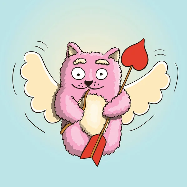 Walentynki Walentynki Amorek Różowy Kot Latania Skrzydłach Miłości Małym Łuku — Wektor stockowy