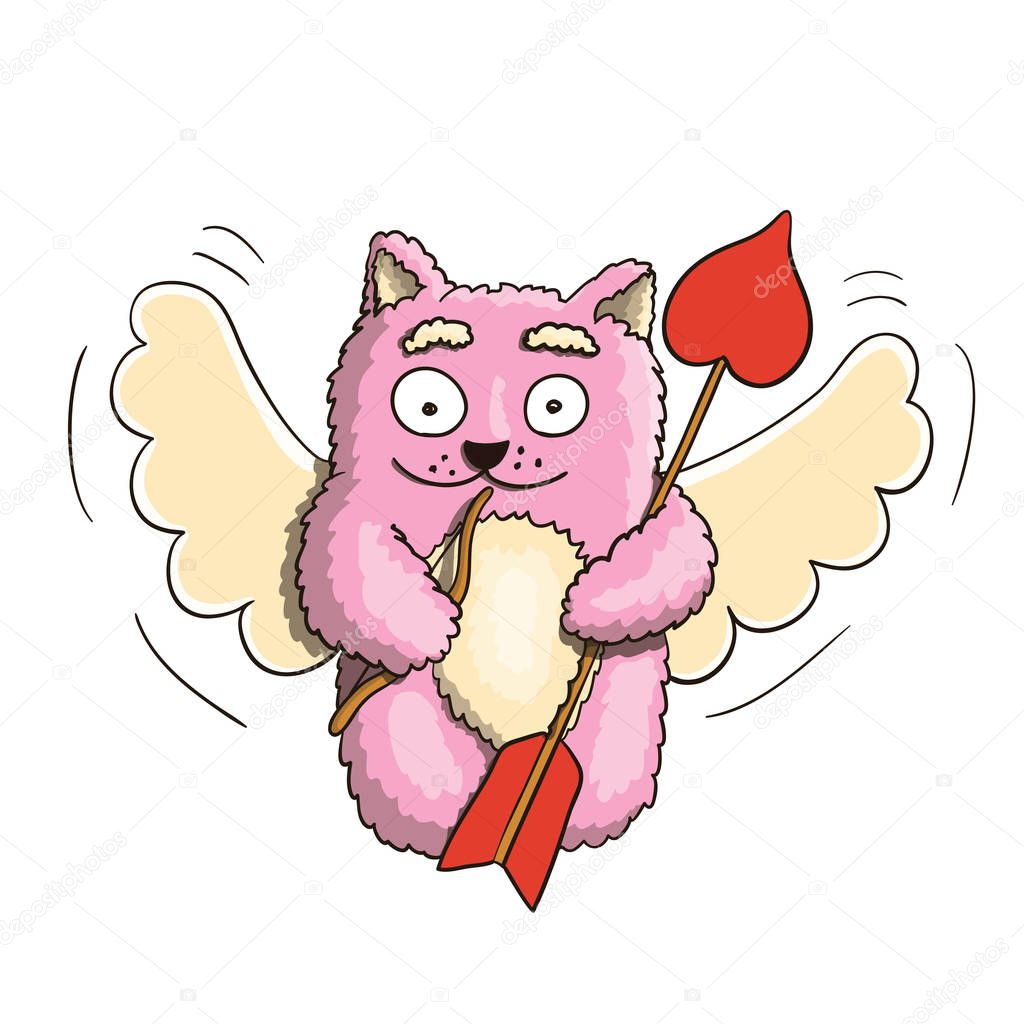 Valentines Day, Valentines Cupid Pink Cat, Flying on the Wings of Love, With Little Bow and Big Arrow Ready for Lover's Heart on White Background