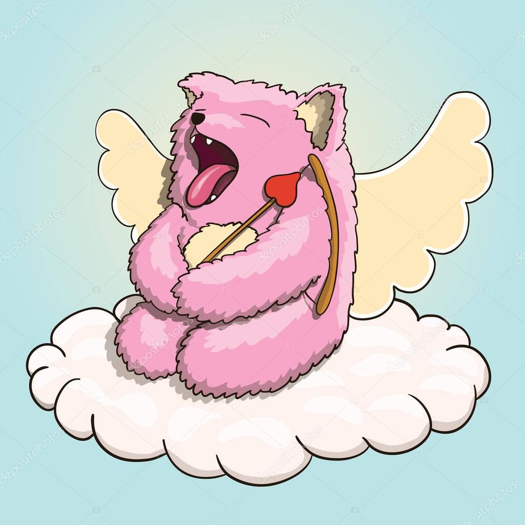 Mythical Yawning Cupid Pink Cat Tired, Resting on the Cloud with Cupid Arrow and Bow.Vector EPS 10