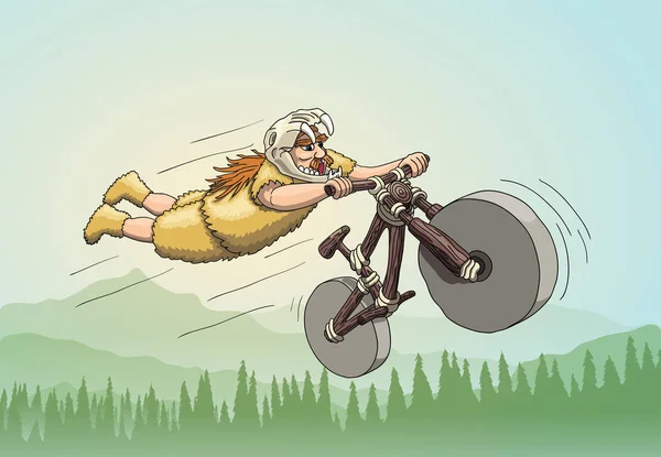 시대에서 내리막 자전거입니다 Freeriding Sabertooth 두개골 헬멧에 내리막 자전거에 슈퍼맨 — 스톡 벡터