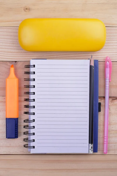 Open notebook, Free space for text. glasses On the desk. Top vie — Stock Photo, Image