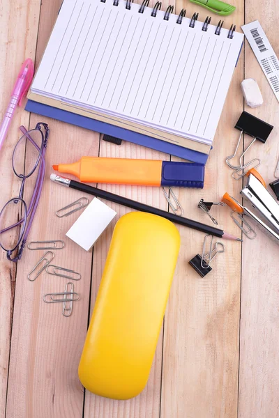 Open notebook, Free space for text. glasses On the desk. Top vie — Stock Photo, Image