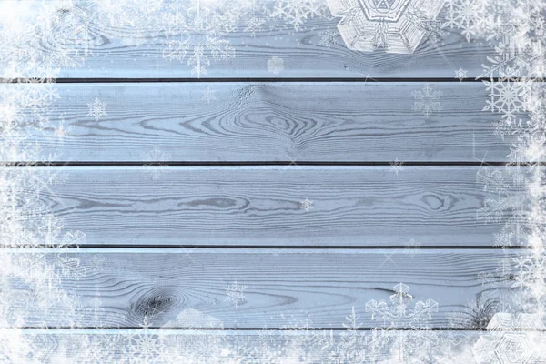Niebieski tekstura drewna z śniegu efekt tła christmas — Zdjęcie stockowe