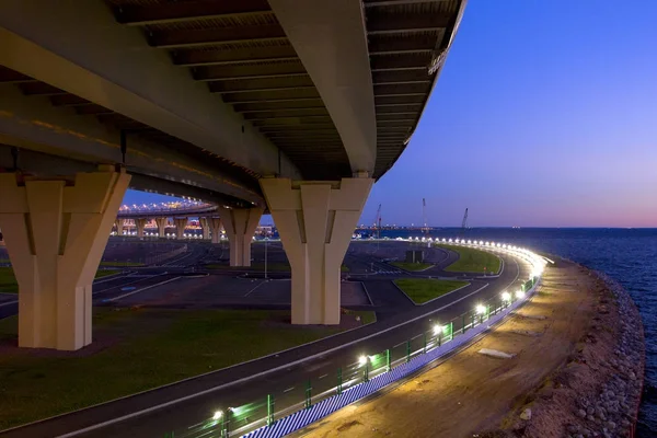 Night view for high-speed road (freeway) in the area of Krestovsky island at St.Petersburg, Russia