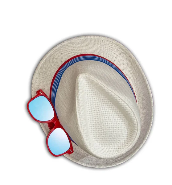Beach Summer Slaměný Klobouk Brýle Módní Stylový Červený Modrý Design — Stock fotografie