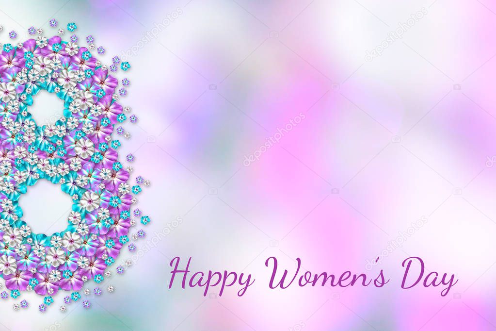 Abstract floral greeting pink-blue card 8 March. Happy Women's Day.