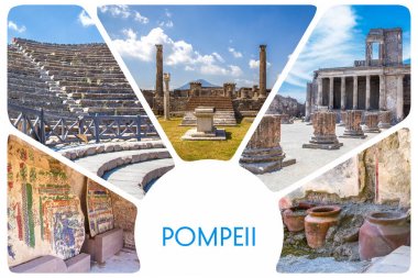 Fotoğraf kolaj Antik şehir, Pompeii - antika evleri, sütun, kil tencere, Mozaik, belgeleme, kalıntıları volkan Vesuvius, Naples, İtalya.