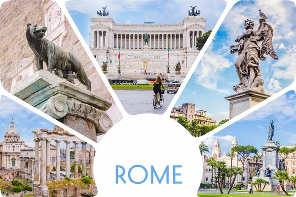 Photo collage/set of sunny Rome - Roman Forum, statue on bridge of Saint Angel, Piazza Venezia main attractions of Roma, Italy.
