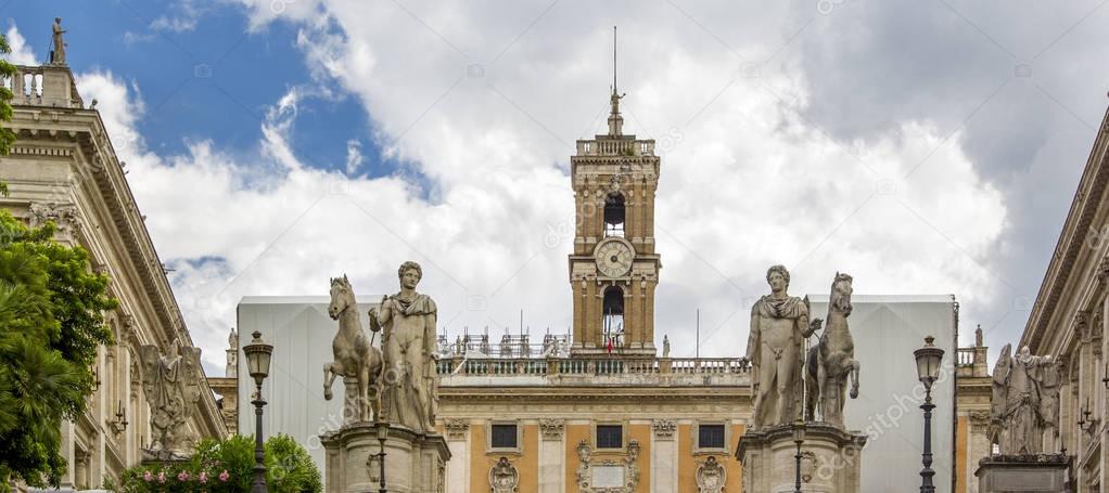 Statues of Castor and Pollux at the Cordonata Stairs to the Piazza del Campidoglio square in front of Capitoline Museums in city of Rome, Italy