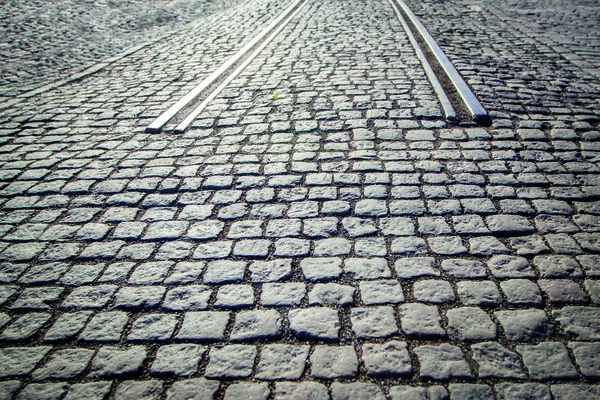 Cobbled Paving Road Beginning Rails Beginning End Road — Stock Photo, Image