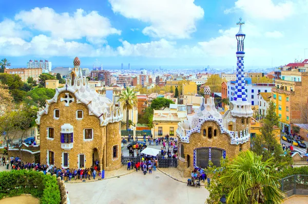 Panoramic view of Park Guell gingerbread houses with a mosaic — Stock Photo, Image