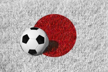 Siyah ve beyaz futbol bir çayır on top / boyalı içinde Japonya, kopya alanı metin, kavram futbol için ulusal bayrak renklerinin çimen