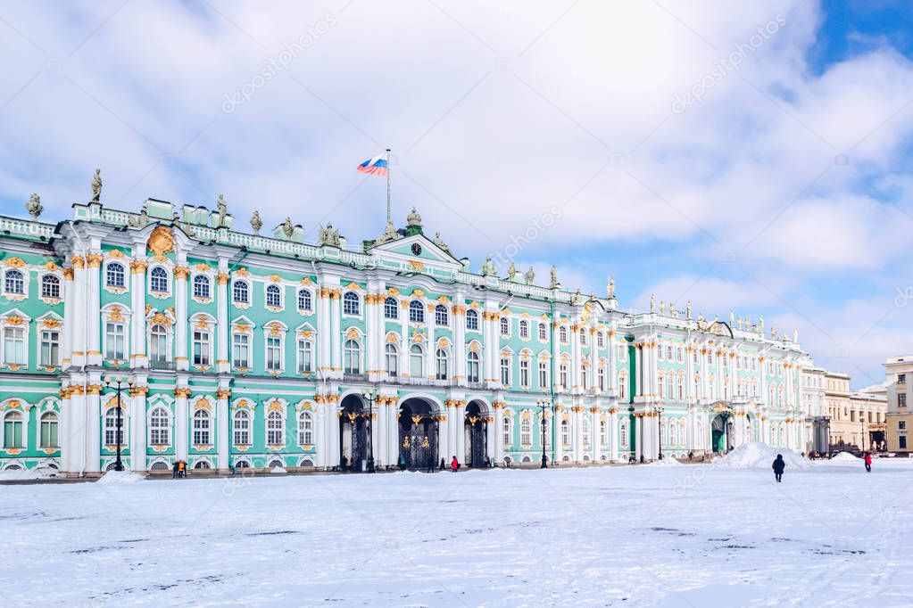 Winter Palace building Hermitage Museum on Palace Square at frosty snow winter day in St. Petersburg, Russia