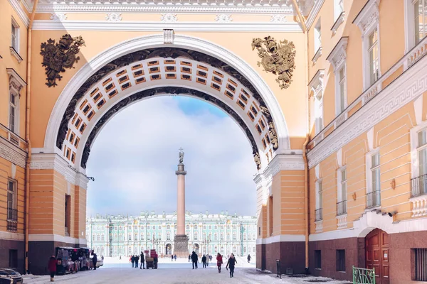 View of Palace Square, Arch of General Staff and Alexandrian Column with an Angel at frosty snow winter day, St. Petersburg, Russia