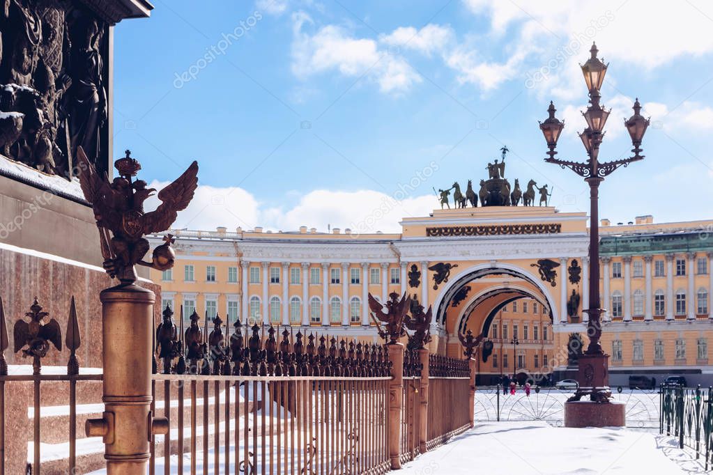 View of Arch of General Staff  in Palace Square at frosty snow winter day, St. Petersburg, Russia