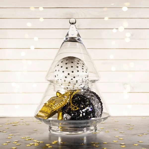 Christmas Composition Glass Xmas Tree Gold White Black Balls Bauble — Stock Photo, Image