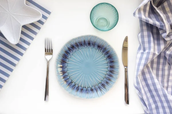 Table Set Marine Style Empty Plates Shape Starfish Blue Glass — Stock Photo, Image