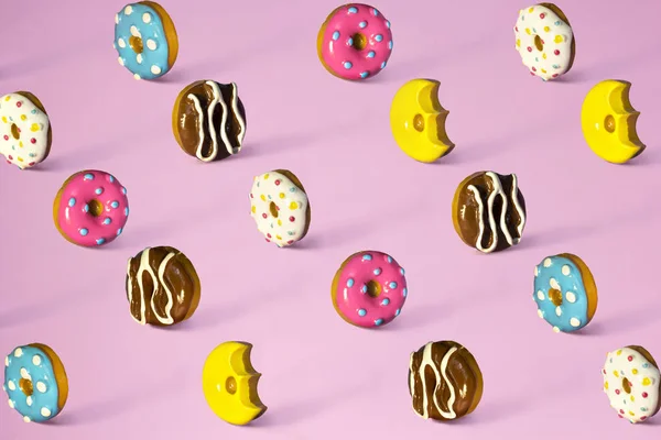 Trendy Patroon Gemaakt Van Kleurrijke Donuts Licht Roze Achtergrond Minimale — Stockfoto