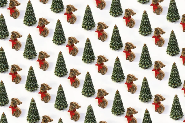 Trendy Xmas pattern made of wooden Christmas tree and deer with red bow on white isometric background in minimal style. Creative concept new Year card.