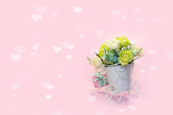 Retro Bicycle Pot Bouquet Flowers Gift Boxes Festive Light Pink — Stock Photo, Image