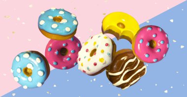 Pembe arka planda altın parlak konfeti olan renkli uçan oyuncak çörekler, afiş. Asgari stilde yaratıcı konsept.