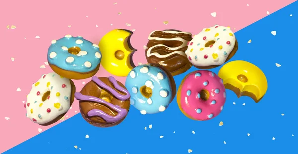 Kleurrijke Vliegende Speelgoed Donuts Met Gouden Glanzende Confetti Roze Blauwe — Stockfoto