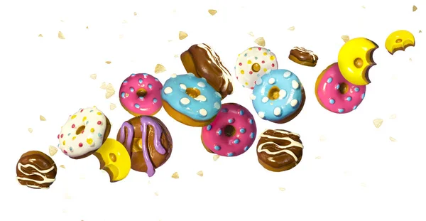 Kleurrijke Vliegende Speelgoed Donuts Met Gouden Glanzende Confetti Witte Achtergrond — Stockfoto