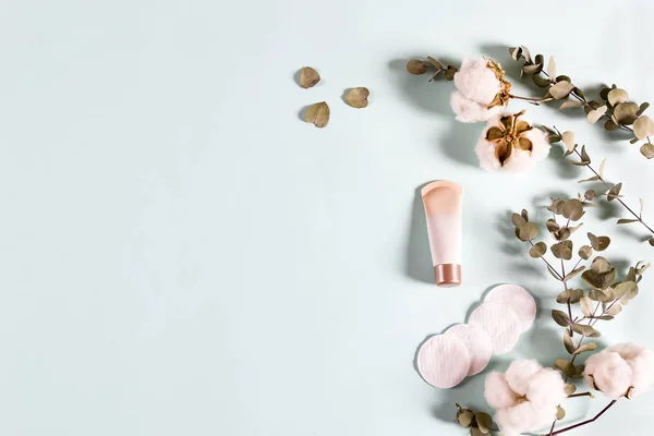 Cosmetics Spa Makeup Products Cream Jar Eucalyptus Leaves Cotton Pads — ストック写真