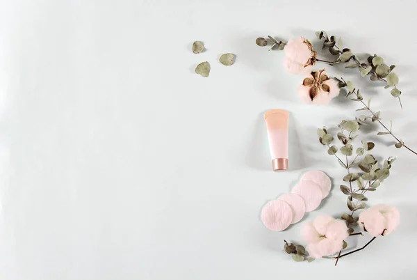 Cosmetics Spa Makeup Products Cream Jar Eucalyptus Leaves Cotton Flowers — ストック写真