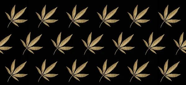 Banner Abstrato Dourado Deixa Maconha Cannabis Fundo Preto Tendência Criativa — Fotografia de Stock