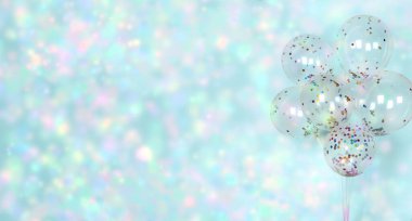 Şenlikli mavi arka planda renkli parlak konfeti, balonlar, afişler. Işıltılı duvar kağıdı dekoru. Mutlu yıllar, sevgililer günü, düğün davetiyesi poster geçmişi.