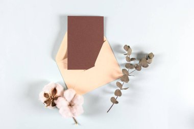 Boş Kraft kağıt zarfları, davetiye mektupları, okaliptüs yapraklı mektuplar ve arka planda pamuk çiçekler, model, düz yatak, üst manzara. Doğal organik güzellik ürünü