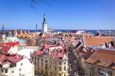 Panoramik manzara, Eski Şehir 'in gökyüzü, mimari, evler ve manzaraların çatıları, Tallinn, Estonya.