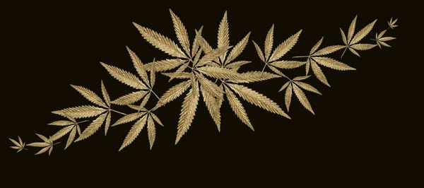 Absztrakt Minta Arany Levelek Cannabis Marihuána Repülni Fekete Háttér Minimális — Stock Fotó