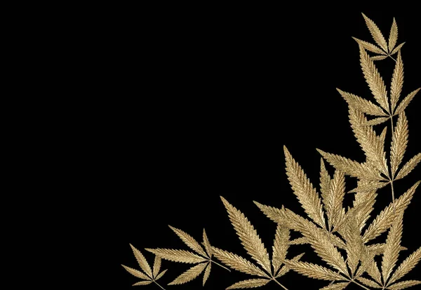 Abstract Patroon Gouden Bladeren Cannabis Marihuana Vliegen Zwarte Achtergrond Minimale — Stockfoto