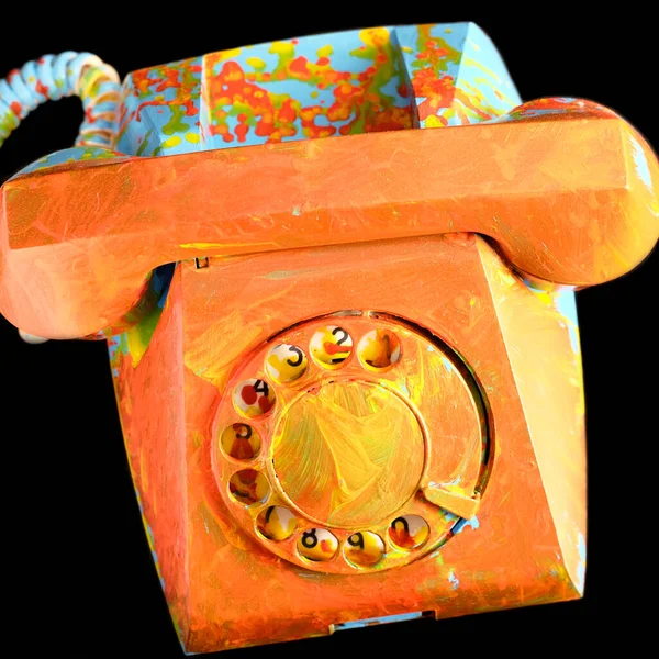 Старий Телефон Приблизно Забарвлений Олійними Фарбами Помаранчевий Синій Стаціонарний Телефон — стокове фото