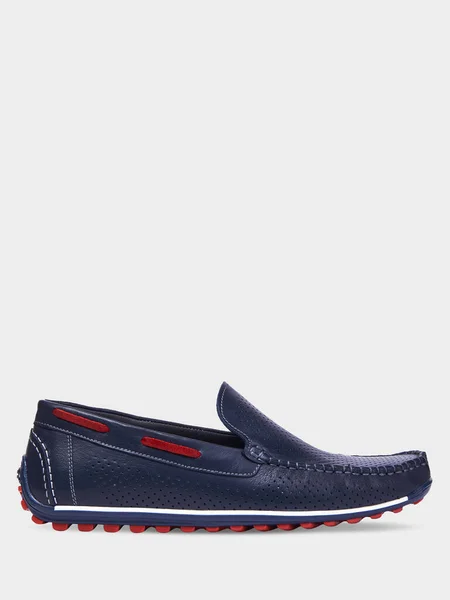 Mocasines Verano Cuero Para Hombre Color Azul Con Suela Roja —  Fotos de Stock