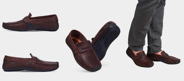 Sommerloafer Aus Braunem Leder Mit Perforation Und Schwarzer Sohle Isoliert — Stockfoto