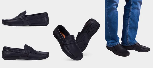 Män Läder Mocka Sommar Loafers Svart Med Svart Sula Isolerad — Stockfoto