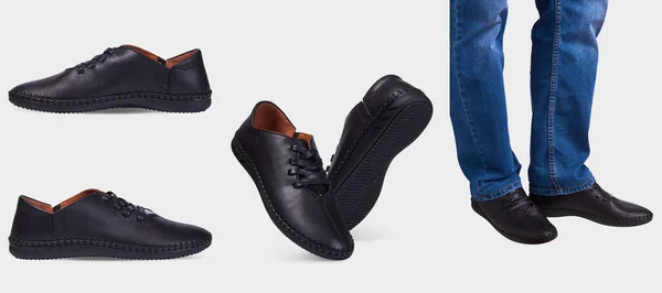 Chaussures Été Cuir Pour Hommes Avec Semelle Noire Élastique Isolé — Photo