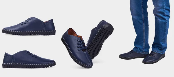 Chaussures Été Bleues Pour Hommes Avec Perforation Semelle Noire Élastique — Photo
