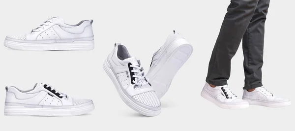 Heren Zomer Lederen Sneakers Witte Kleur Met Perforatie Sportschoenen Voor — Stockfoto