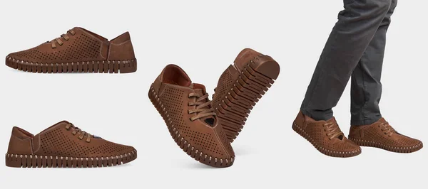 Herrbrunt Läder Mocka Sommar Loafers Med Perforering Och Gummisula Isolerad — Stockfoto